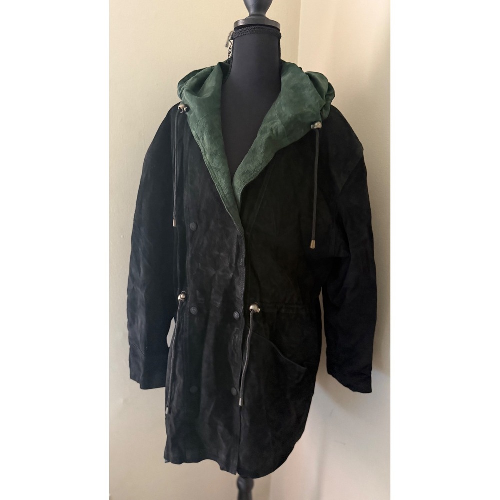 Black Suede Hooded Parka Coat Green Lining Drawstring Waist Vintage Medium